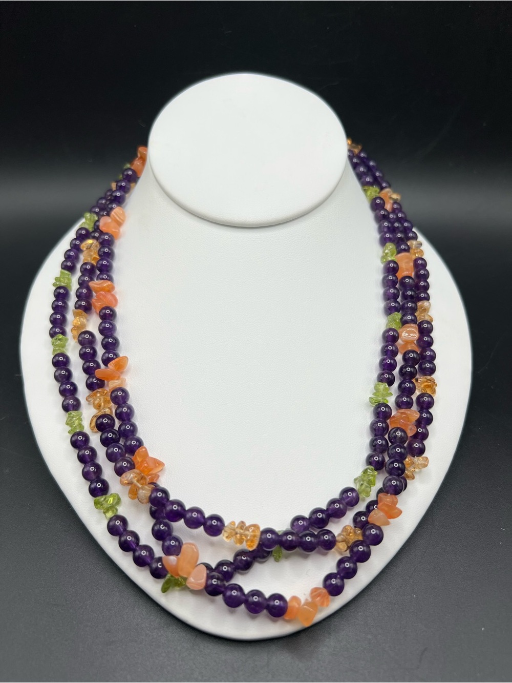 Sterling Silver 3 Strand Amethyst Quartz Peridot Beaded Necklace 16”-18”
